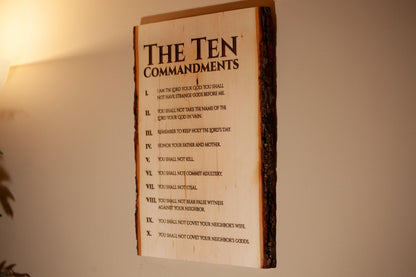 The Ten Commandments, 11" x 16" Laser-Engraved Wood Wall Art with Bark Edge, Engraved in the USA, Catholic Living