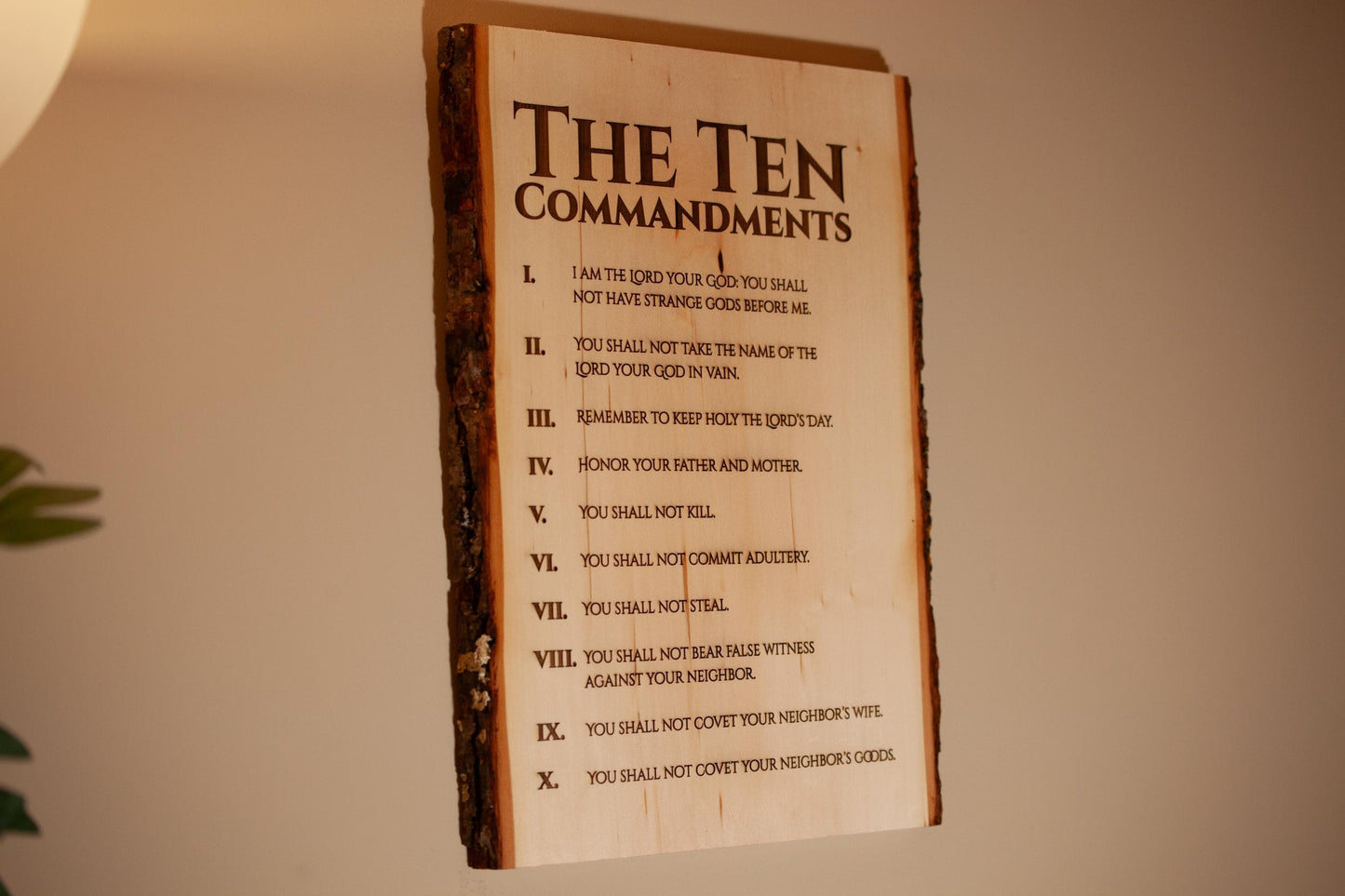 The Ten Commandments, 11" x 16" Laser-Engraved Wood Wall Art with Bark Edge, Engraved in the USA, Catholic Living