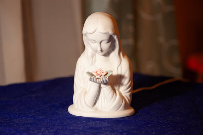 Vintage Mary with Rose Nightlight Statue, Porcelain, 7 inches, with LED Bulb, Wire, Plug
