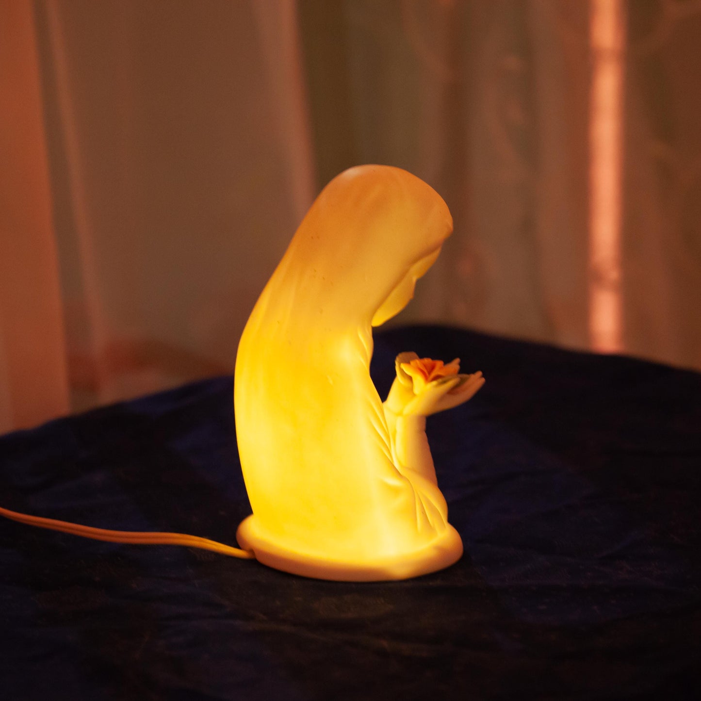 Vintage Mary with Rose Nightlight Statue, Porcelain, 7 inches, with LED Bulb, Wire, Plug