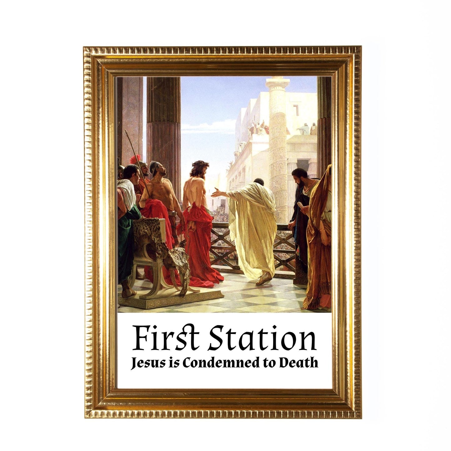 Stations of the Cross, Set of 14 Hand-Framed 5x7 Prints—Original Design with Restored Antique Artwork—Gold Frame
