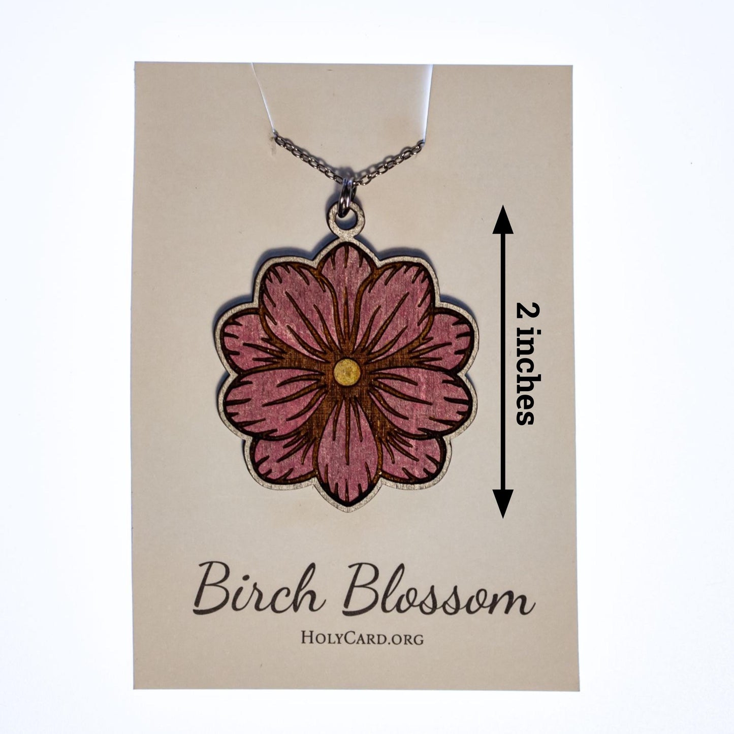 Wooden Flower Necklace, Hand Colored Birch Wood Pendant, Floral Jewelry, 20” Stainless Steel Chain, Made in USA, Birch Blossom Collection