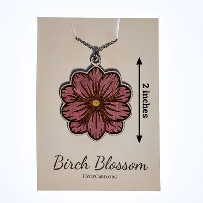 Wooden Flower Necklace, Hand Colored Birch Wood Pendant, Floral Jewelry, 20” Stainless Steel Chain, Made in USA, Birch Blossom Collection