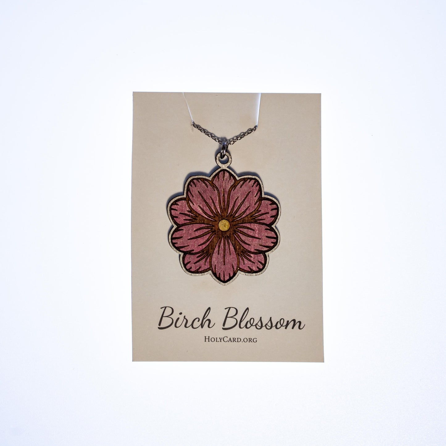 Wooden Flower Necklace, Hand Colored Birch Wood Pendant, Floral Jewelry, 20” Stainless Steel Chain, Made in USA, Birch Blossom Collection