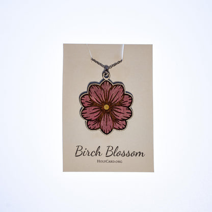Wooden Flower Necklace, Hand Colored Birch Wood Pendant, Floral Jewelry, 20” Stainless Steel Chain, Made in USA, Birch Blossom Collection