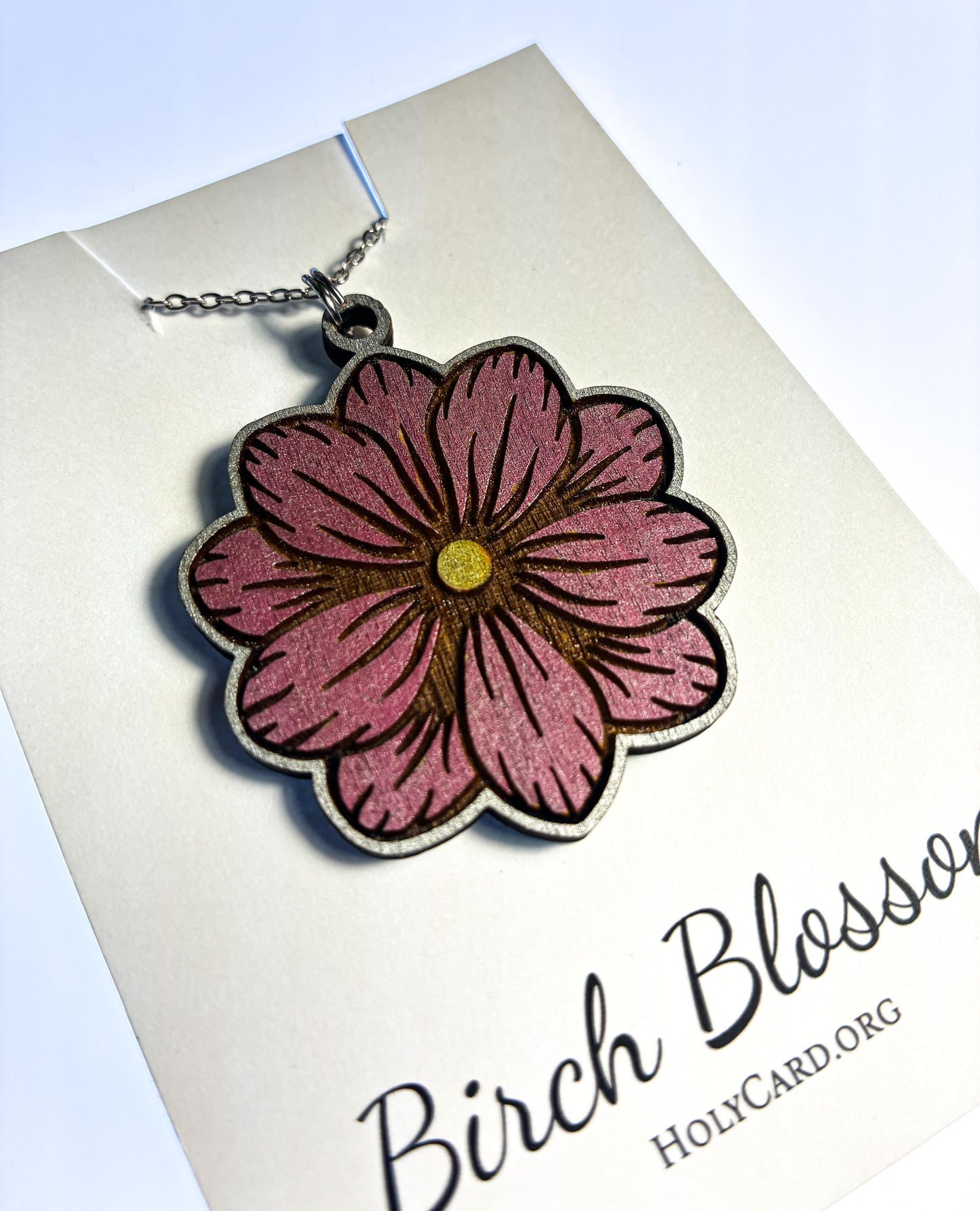 Wooden Flower Necklace, Hand Colored Birch Wood Pendant, Floral Jewelry, 20” Stainless Steel Chain, Made in USA, Birch Blossom Collection