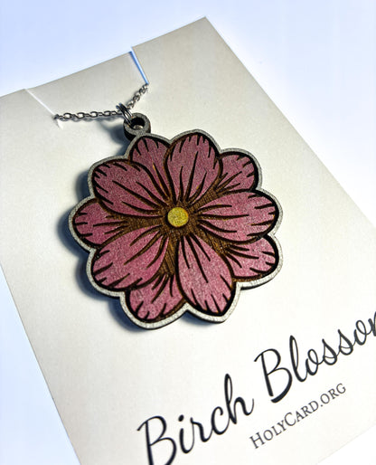 Wooden Flower Necklace, Hand Colored Birch Wood Pendant, Floral Jewelry, 20” Stainless Steel Chain, Made in USA, Birch Blossom Collection