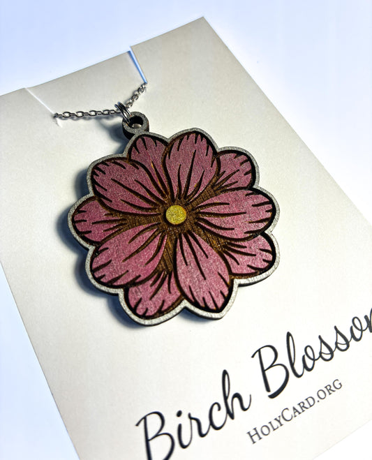 Wooden Flower Necklace, Hand Colored Birch Wood Pendant, Floral Jewelry, 20” Stainless Steel Chain, Made in USA, Birch Blossom Collection