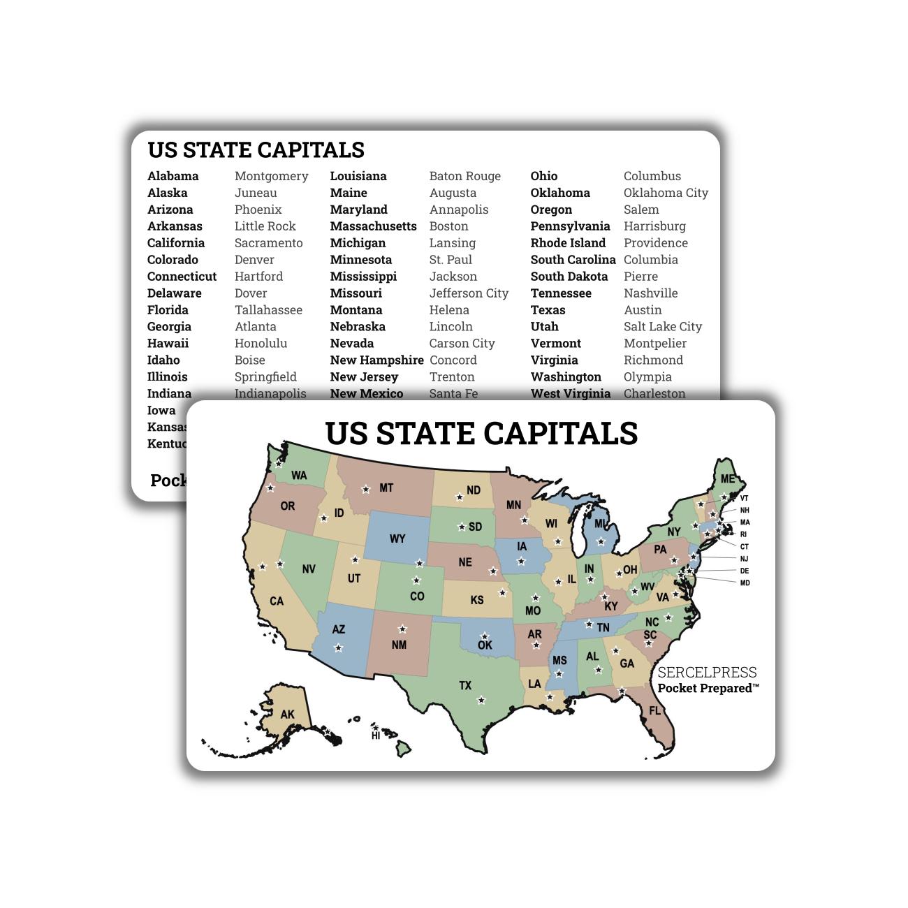 US State Capitals Map Wallet Card – Geography Study Reference – Waterproof EDC Learning Tool – Pocket Prepared™ Plastic Card