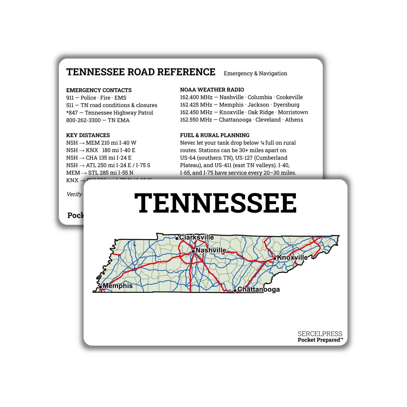 Tennessee Interstate Highway Map Wallet Card – Emergency Navigation Reference – Waterproof EDC Road Map – Pocket Prepared™ Plastic Card