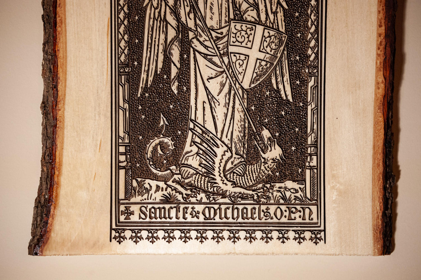 Saint Michael the Archangel, 8.5 x 11 inch Laser-Engraved Wood Wall Art with Bark Edge, Engraved in the USA, Catholic Living