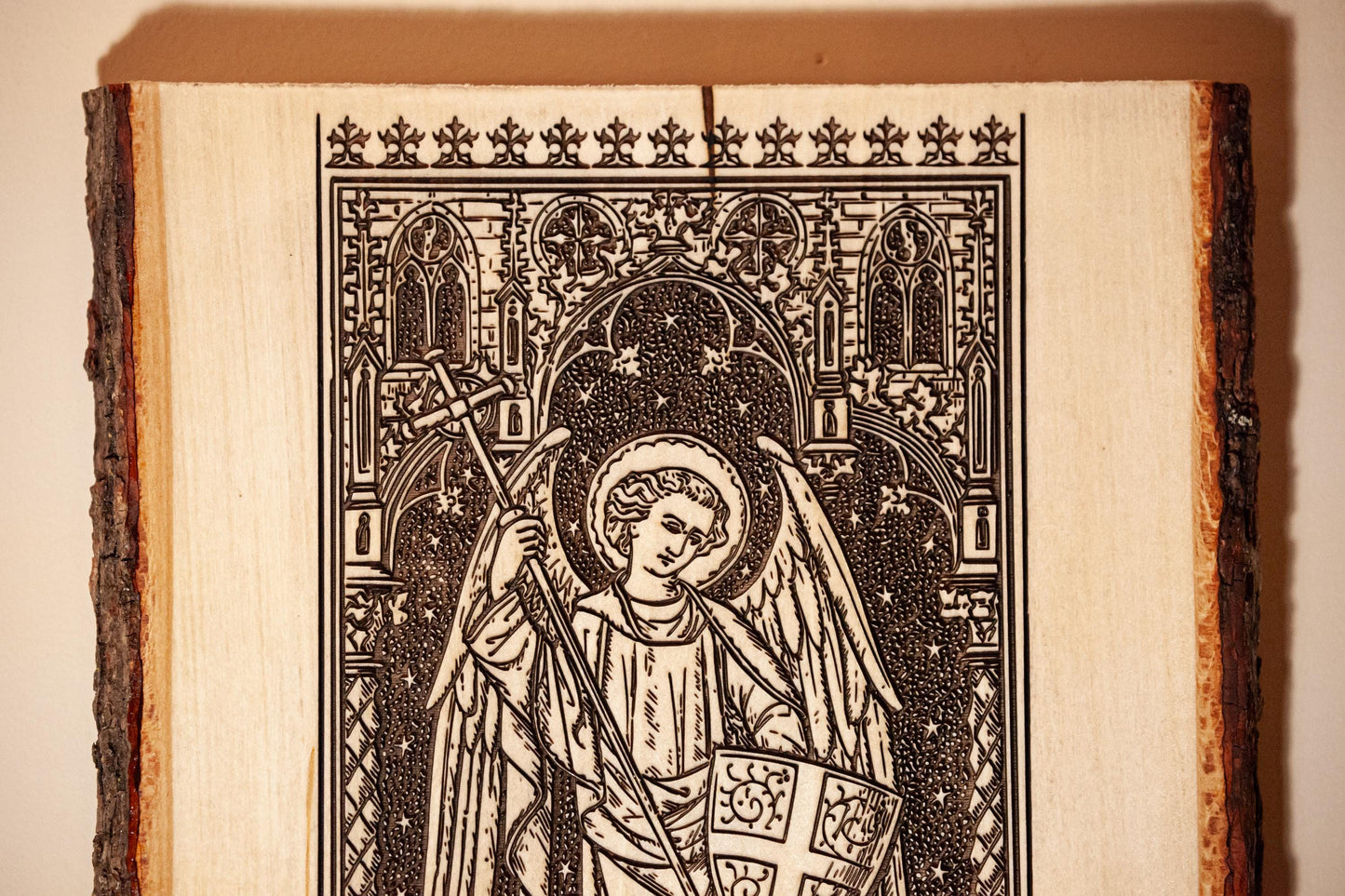 Saint Michael the Archangel, 8.5 x 11 inch Laser-Engraved Wood Wall Art with Bark Edge, Engraved in the USA, Catholic Living