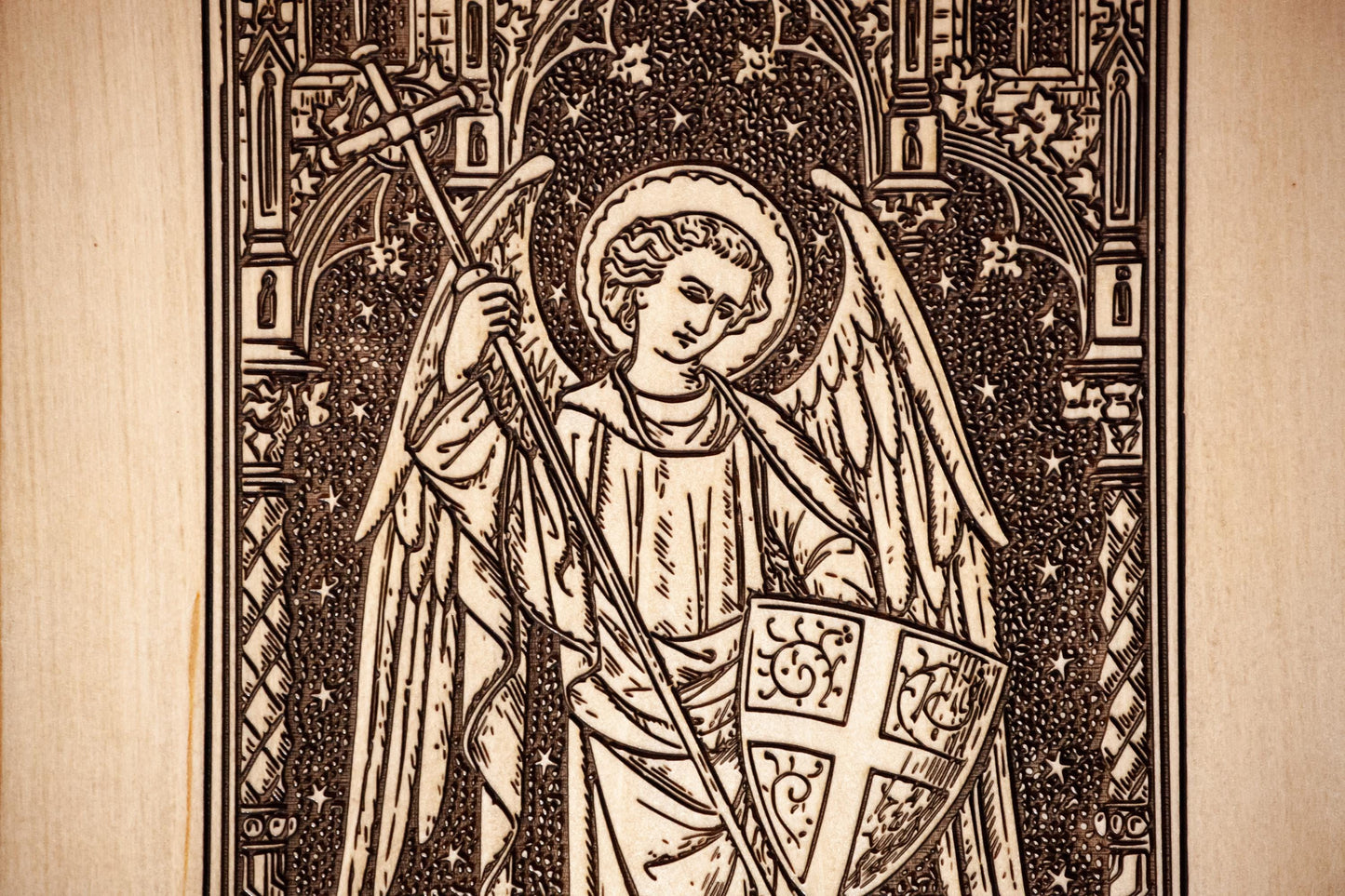 Saint Michael the Archangel, 8.5 x 11 inch Laser-Engraved Wood Wall Art with Bark Edge, Engraved in the USA, Catholic Living