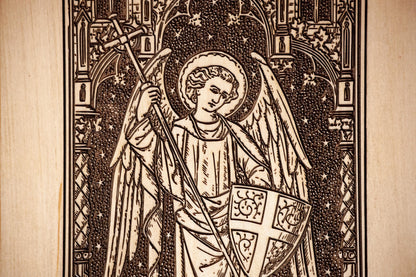 Saint Michael the Archangel, 8.5 x 11 inch Laser-Engraved Wood Wall Art with Bark Edge, Engraved in the USA, Catholic Living