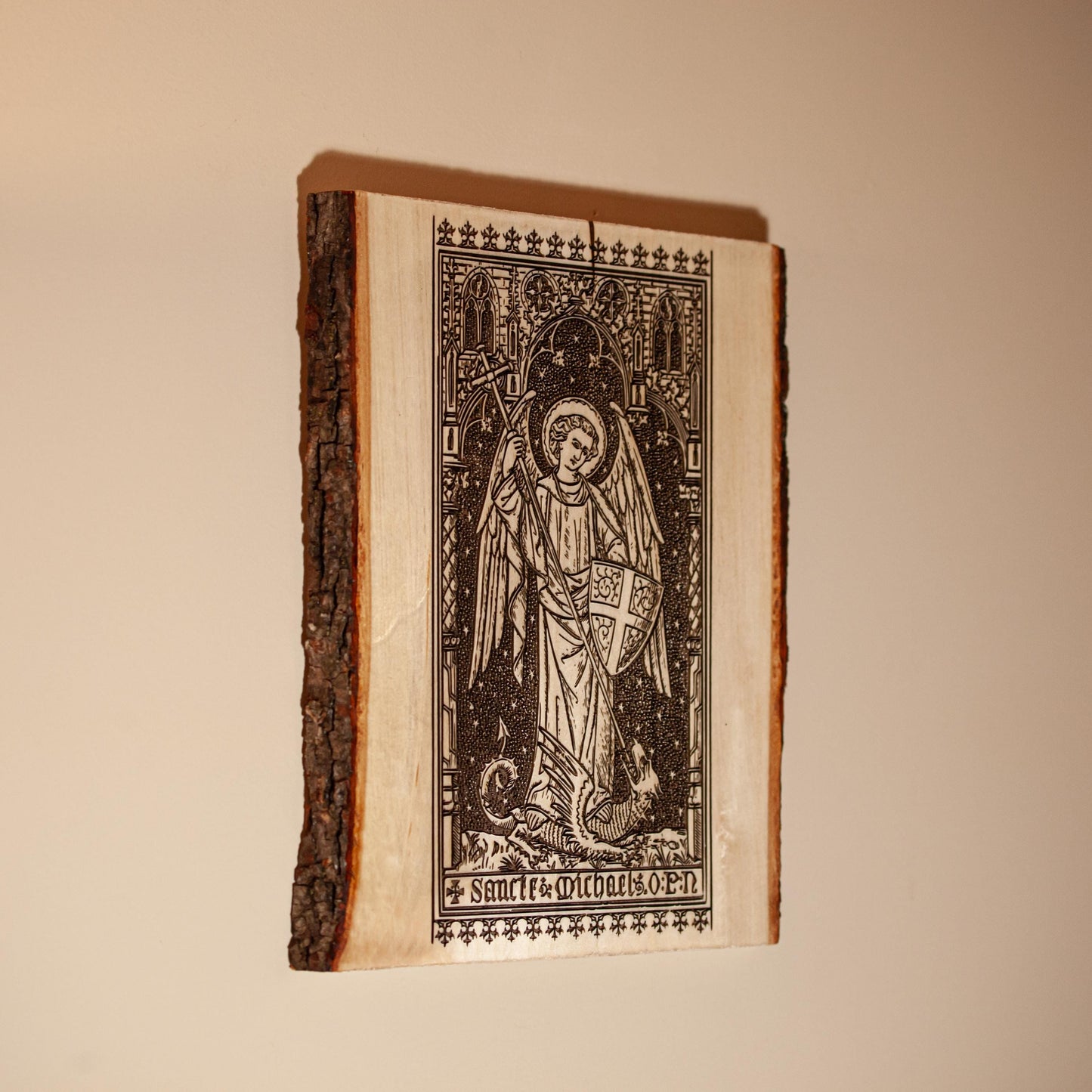 Saint Michael the Archangel, 8.5 x 11 inch Laser-Engraved Wood Wall Art with Bark Edge, Engraved in the USA, Catholic Living