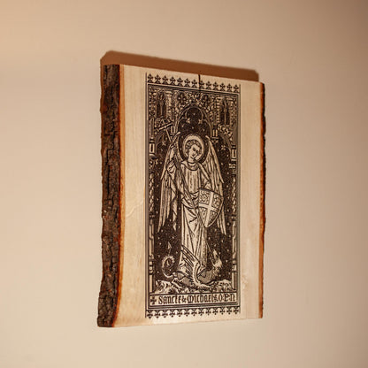 Saint Michael the Archangel, 8.5 x 11 inch Laser-Engraved Wood Wall Art with Bark Edge, Engraved in the USA, Catholic Living