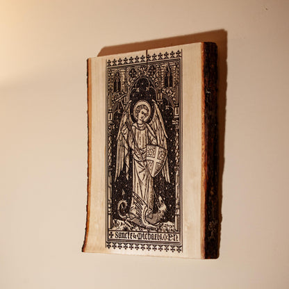 Saint Michael the Archangel, 8.5 x 11 inch Laser-Engraved Wood Wall Art with Bark Edge, Engraved in the USA, Catholic Living