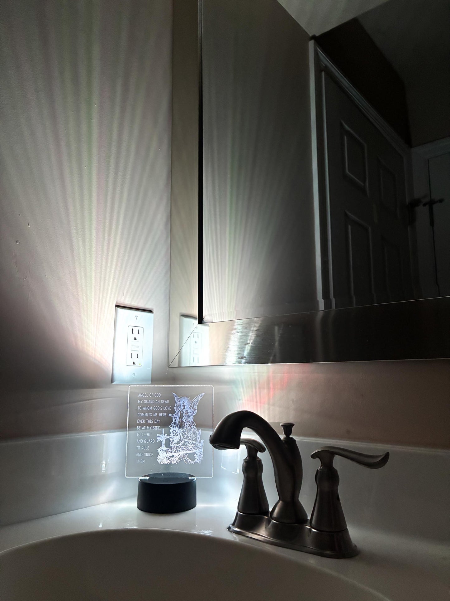 Guardian Angel LED Night Light – Clear Acrylic Prayer Lamp – Angel of God Engraved Light – Christian Bedroom Decor