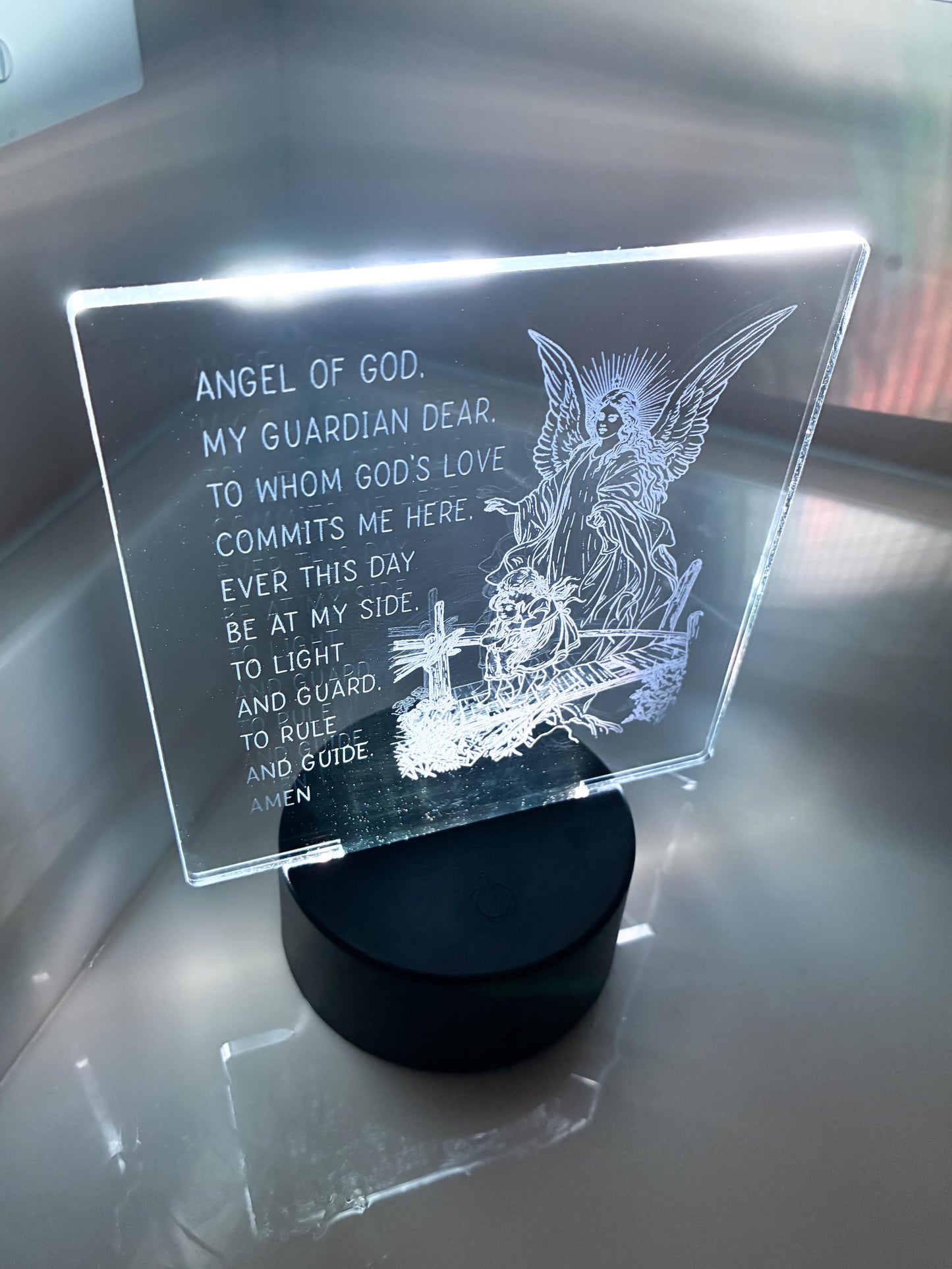 Guardian Angel LED Night Light – Clear Acrylic Prayer Lamp – Angel of God Engraved Light – Christian Bedroom Decor