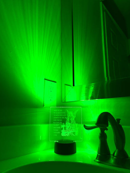 Guardian Angel LED Night Light – Clear Acrylic Prayer Lamp – Angel of God Engraved Light – Christian Bedroom Decor