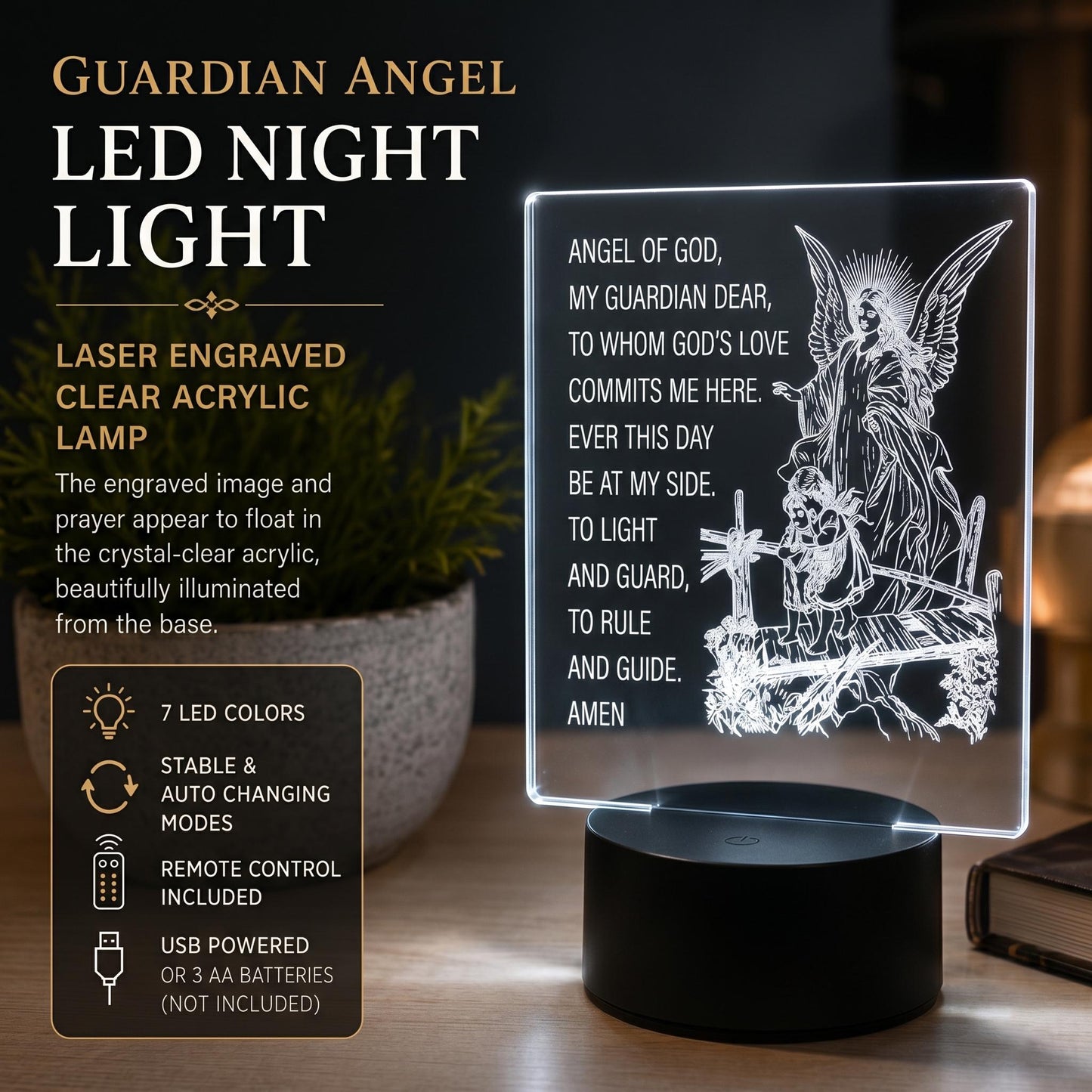 Guardian Angel LED Night Light – Clear Acrylic Prayer Lamp – Angel of God Engraved Light – Christian Bedroom Decor