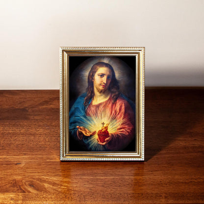 Sacred Heart of Jesus Framed Print, Catholic Wall Art for Home Consecration—June Devotion—Restored Antique Artwork, Gold Frame, 5x7, 8x10
