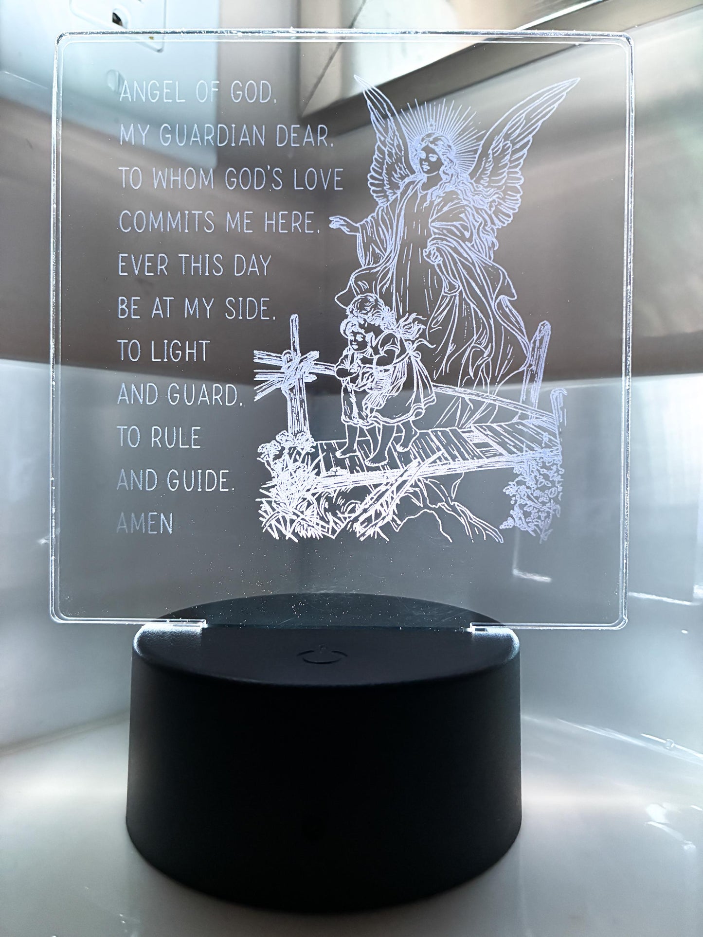 Guardian Angel LED Night Light – Clear Acrylic Prayer Lamp – Angel of God Engraved Light – Christian Bedroom Decor