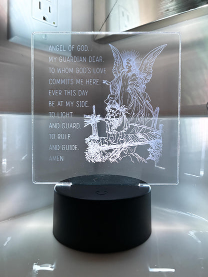 Guardian Angel LED Night Light – Clear Acrylic Prayer Lamp – Angel of God Engraved Light – Christian Bedroom Decor