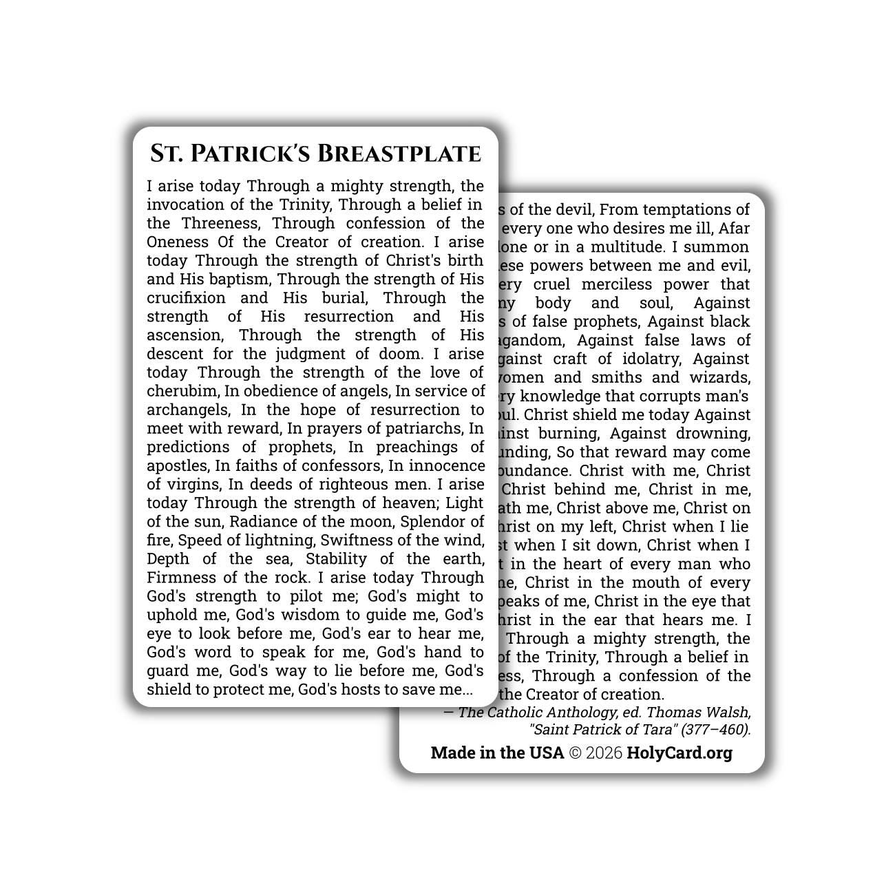 St. Patrick's Breastplate Prayer Card – Lorica of St. Patrick – 1 Card or 2 Card Set – Durable Plastic Catholic Holy Card – Made in the USA