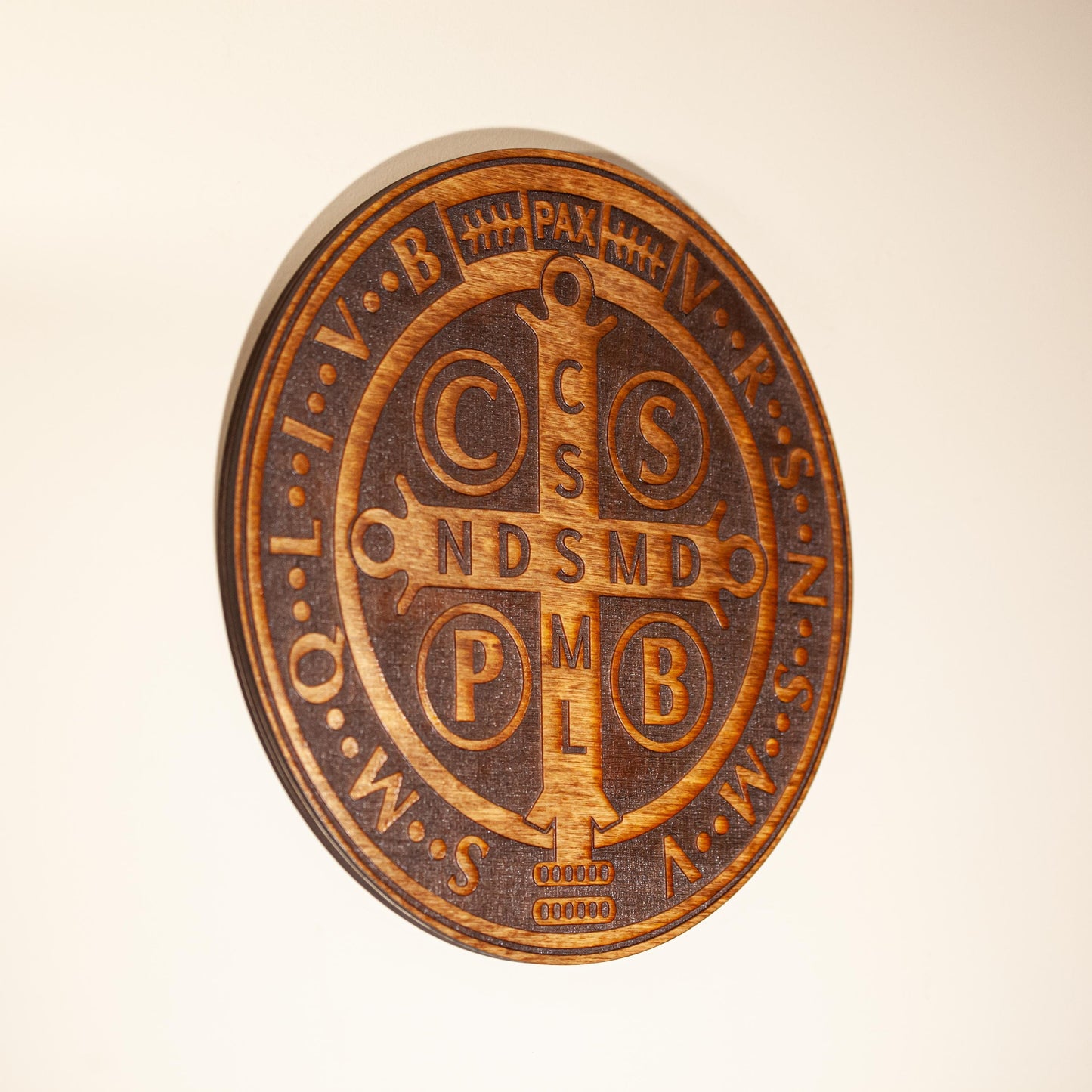 St. Benedict Medal Wall Art, Large 12" Catholic Wall Plaque, Deep Laser Engraved Wood Decor, House Blessing, Made in the USA