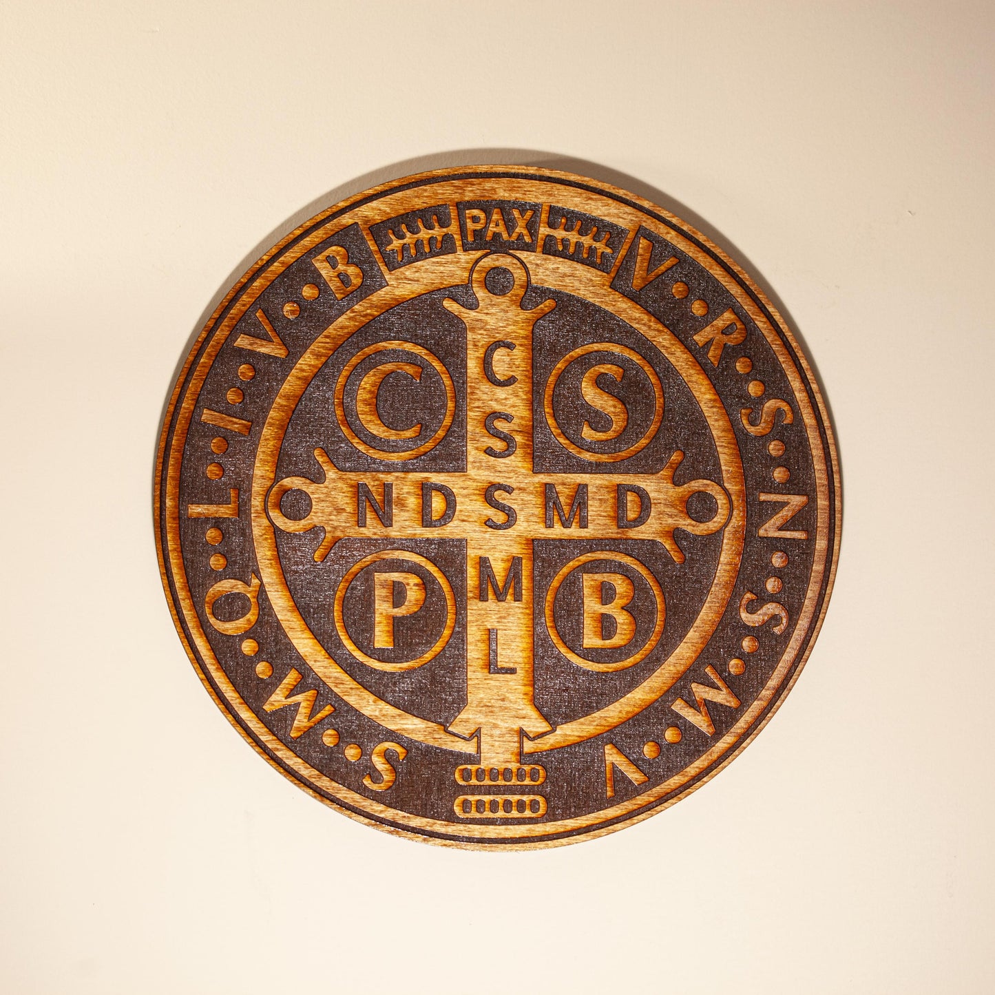 St. Benedict Medal Wall Art, Large 12" Catholic Wall Plaque, Deep Laser Engraved Wood Decor, House Blessing, Made in the USA