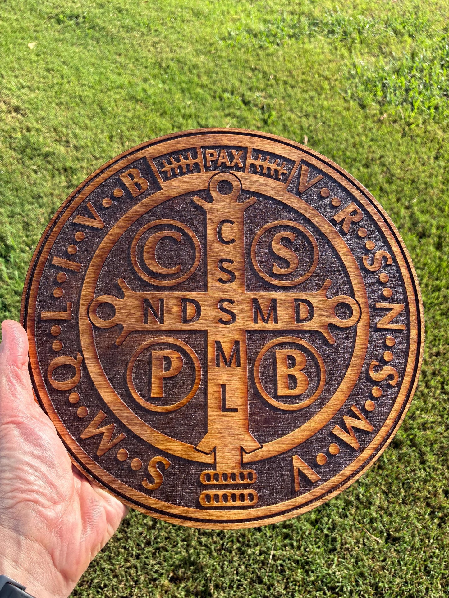 St. Benedict Medal Wall Art, Large 12" Catholic Wall Plaque, Deep Laser Engraved Wood Decor, House Blessing, Made in the USA