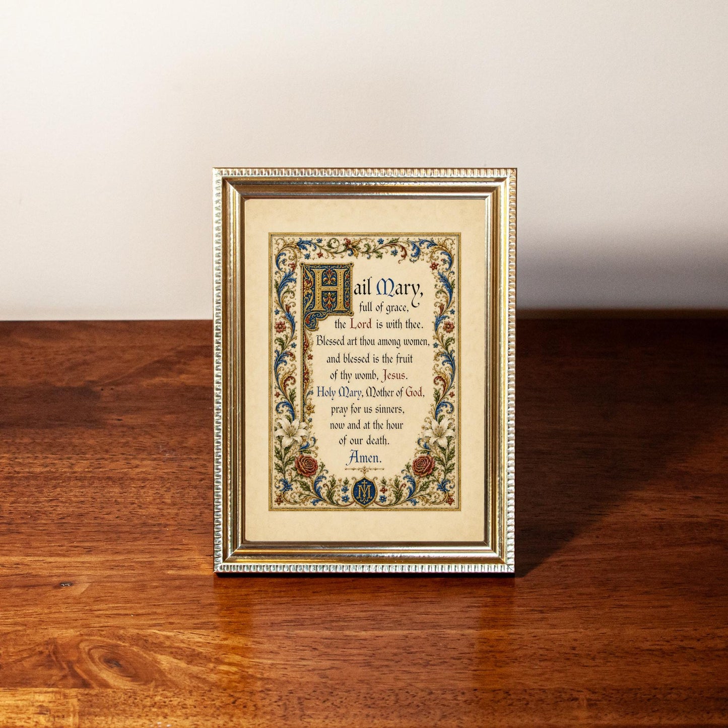 Hail Mary Framed Print, Illuminated Manuscript Style Catholic Prayer Art, Gold Frame, Marian Wall Decor, Original Sacred Art, 5x7 or 8x10