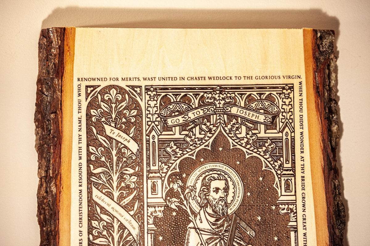 Saint Joseph the Worker Live Edge Wood Wall Art – Large 10x16 Laser Engraved Catholic Plaque – Rustic Bark Edge – Made in the USA