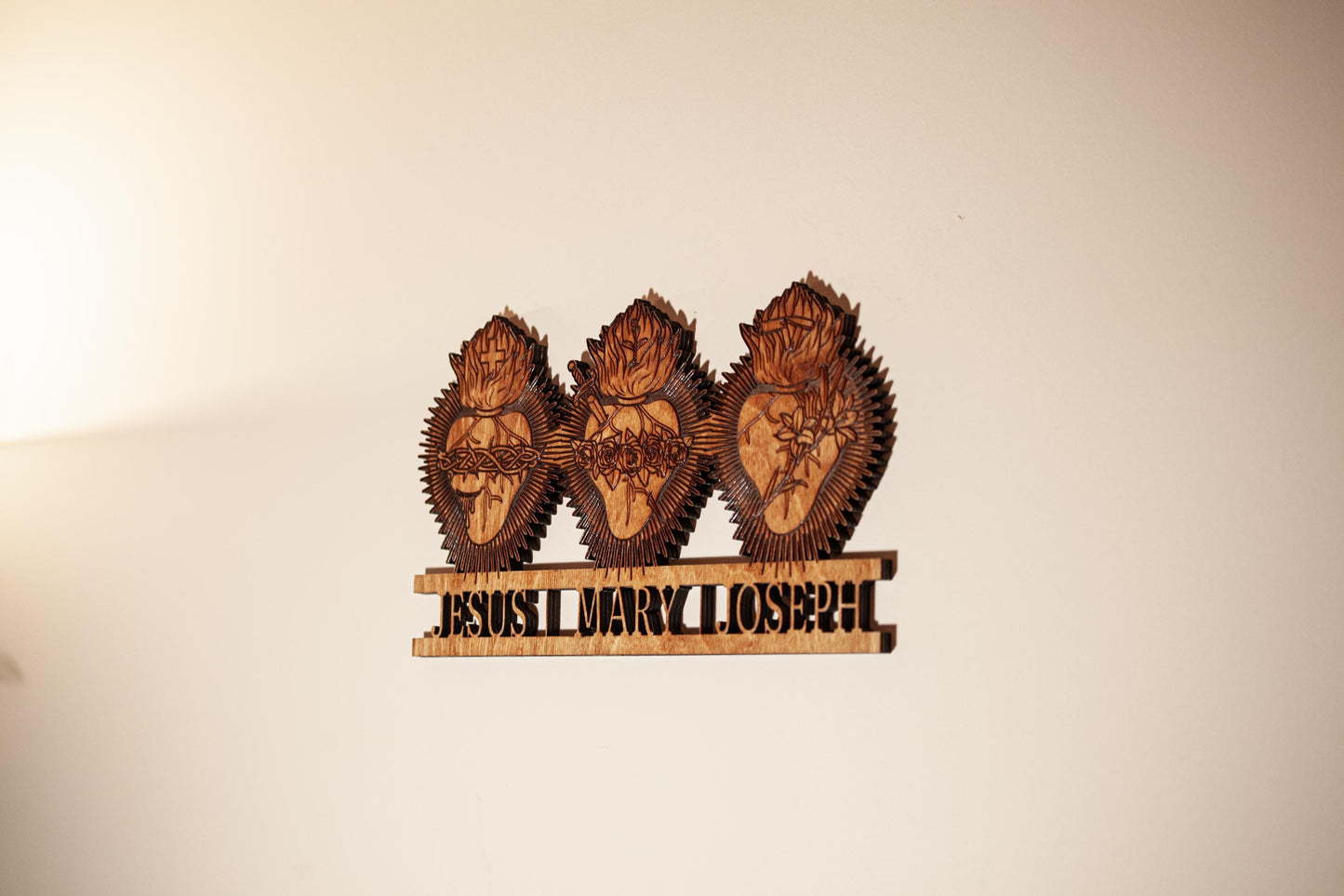 Three Hearts Catholic Wall Art – Sacred Heart, Immaculate Heart & Chaste Heart of St. Joseph – Engraved Wood Wall Art – Made in the USA