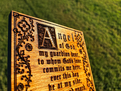 Guardian Angel Prayer Mini Wall Hanging – 4x6 Engraved Birch Wood Plaque – Golden Oak Finish – Made in the USA – Catholic Gift