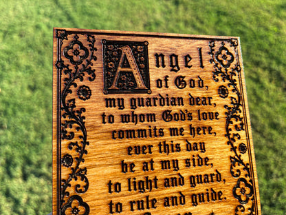 Guardian Angel Prayer Mini Wall Hanging – 4x6 Engraved Birch Wood Plaque – Golden Oak Finish – Made in the USA – Catholic Gift
