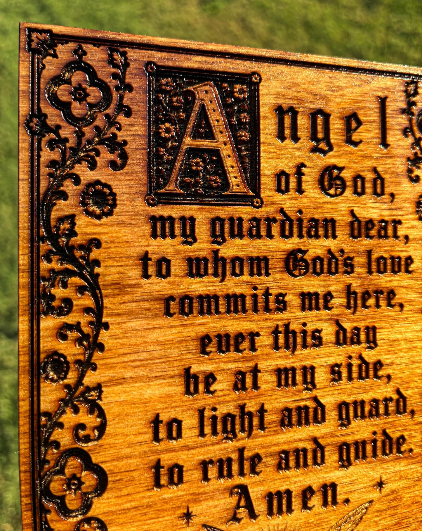 Guardian Angel Prayer Mini Wall Hanging – 4x6 Engraved Birch Wood Plaque – Golden Oak Finish – Made in the USA – Catholic Gift