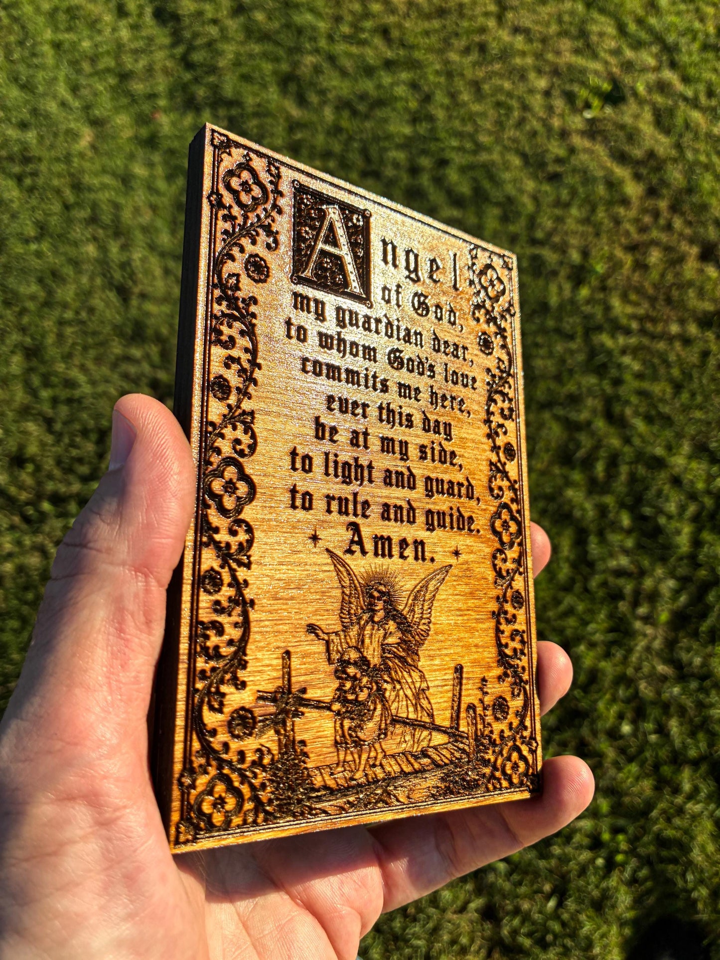 Guardian Angel Prayer Mini Wall Hanging – 4x6 Engraved Birch Wood Plaque – Golden Oak Finish – Made in the USA – Catholic Gift