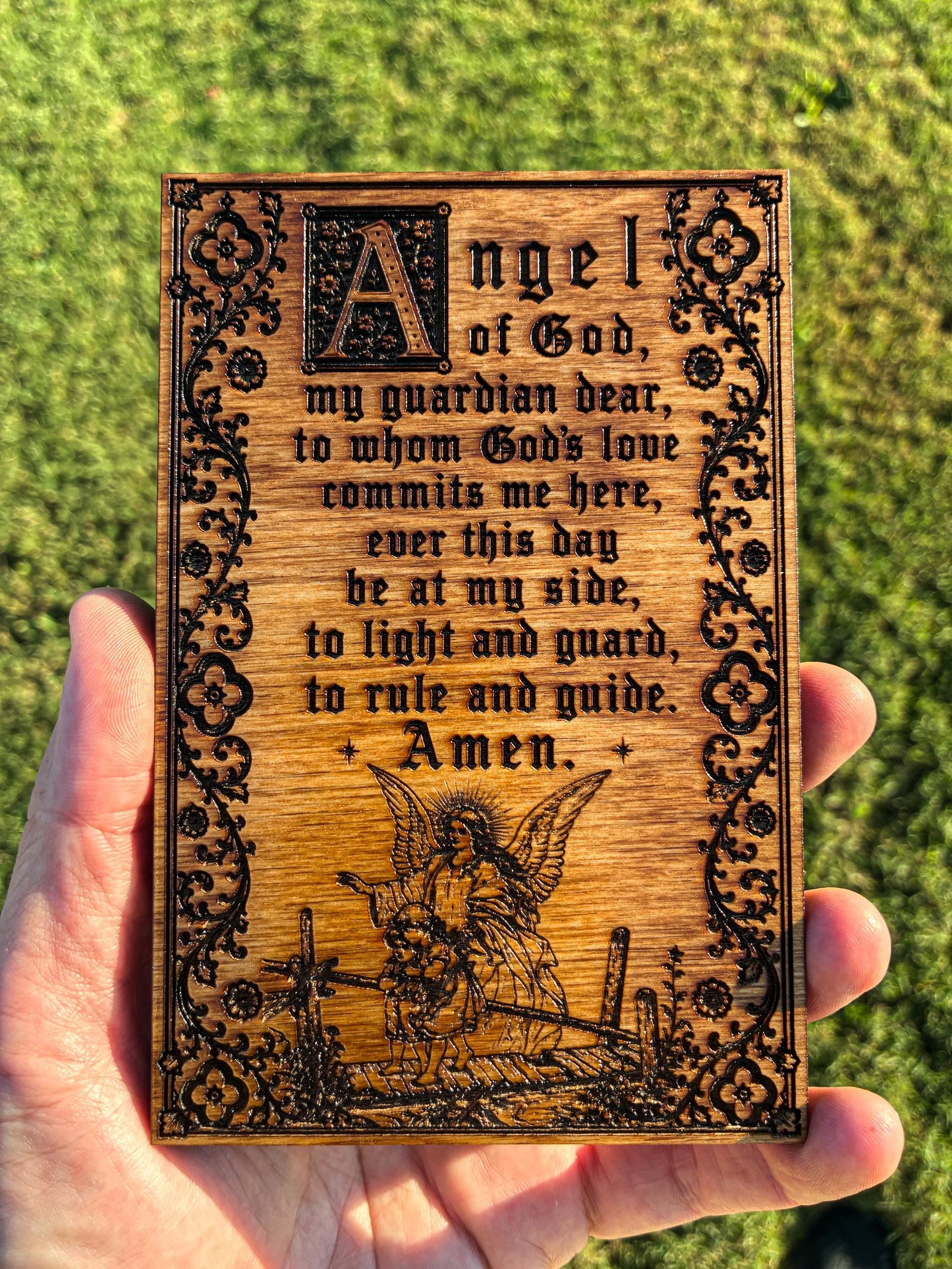 Guardian Angel Prayer Mini Wall Hanging – 4x6 Engraved Birch Wood Plaque – Golden Oak Finish – Made in the USA – Catholic Gift