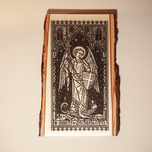 Saint Michael the Archangel, 8 x 13 inch Laser-Engraved Wood Wall Art with Bark Edge, Engraved in the USA, Catholic Living